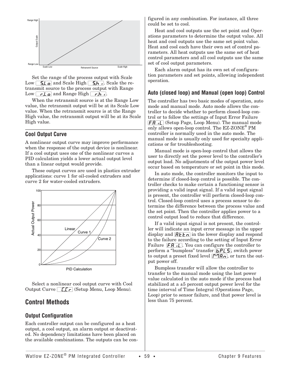 Cool output curve, Control methods, Output configuration | Auto (closed loop) and manual (open loop) control | Watlow Electric Integrated Controller User Manual Rev C EZ-ZONE PM User Manual | Page 61 / 80