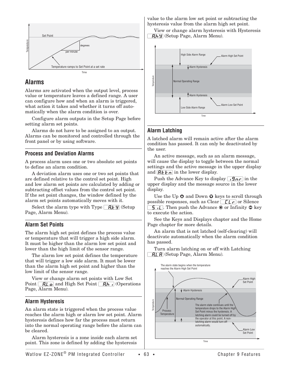 Alarms, Process and deviation alarms, Alarm set points | Alarm hysteresis, Alarm latching | Watlow Electric Integrated Controller User Manual Rev C EZ-ZONE PM User Manual | Page 65 / 80