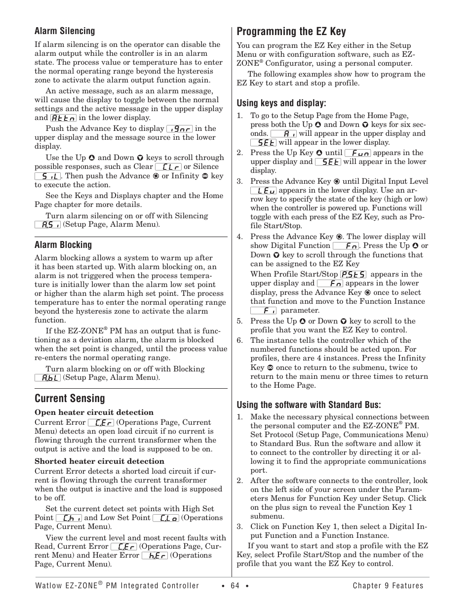 Alarm silencing alarm blocking, Current sensing, Programming the ez key | Watlow Electric Integrated Controller User Manual Rev C EZ-ZONE PM User Manual | Page 66 / 80
