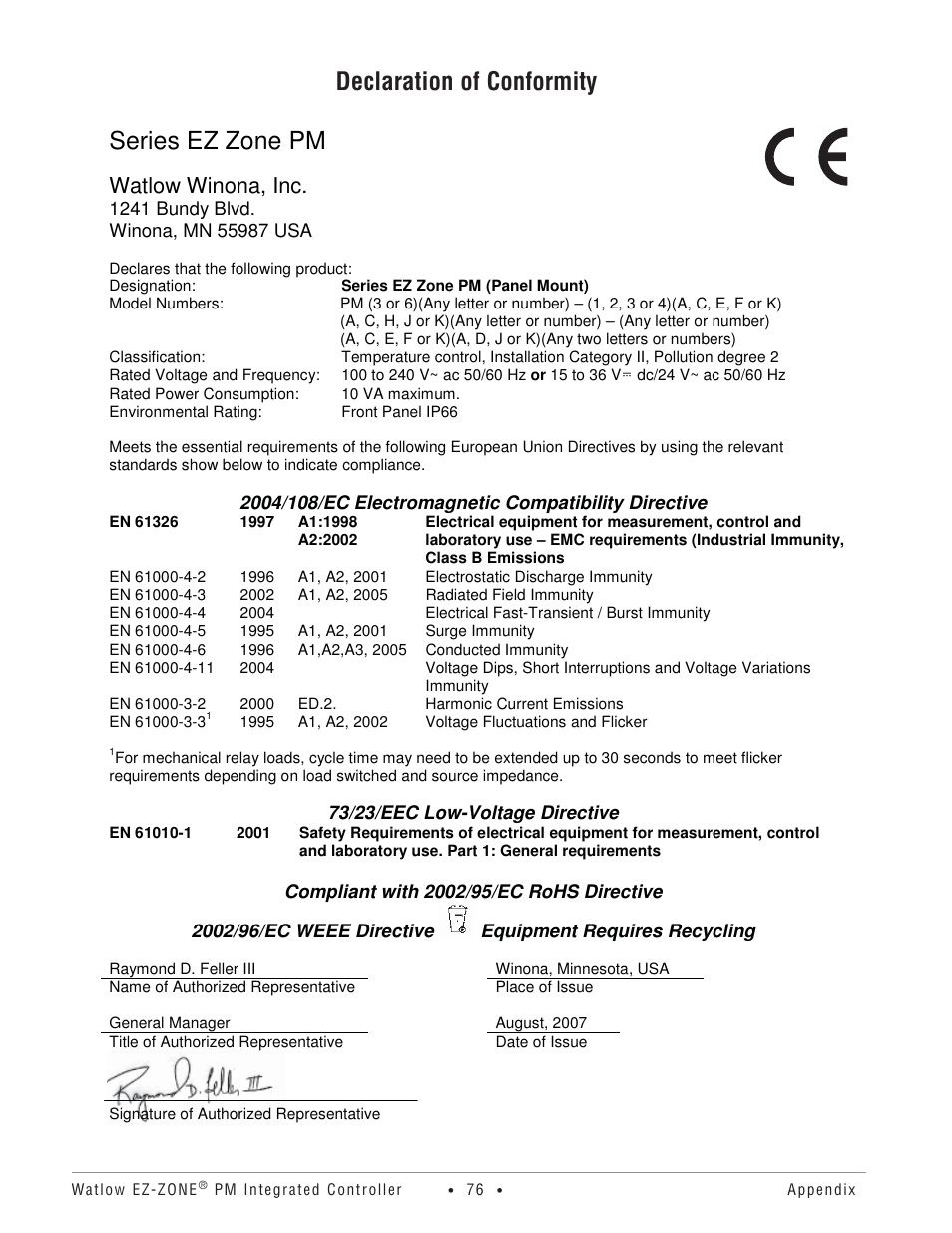 Declaration of conformity, Series ez zone pm, Watlow winona, inc | Watlow Electric Integrated Controller User Manual Rev C EZ-ZONE PM User Manual | Page 78 / 80