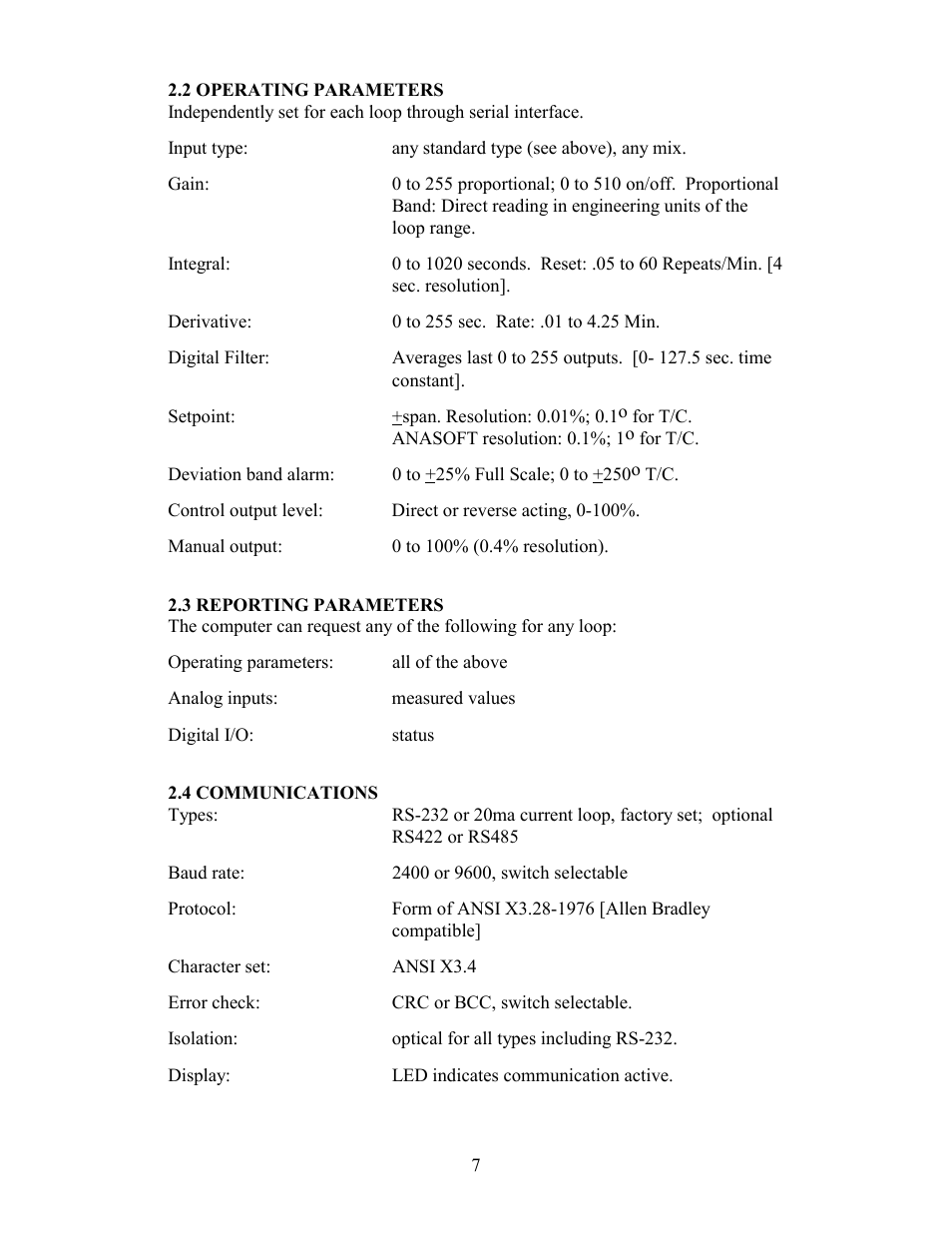 2 operating parameters, 3 reporting parameters, 4 communications | Watlow Electric Revision 5 User Manual | Page 12 / 71