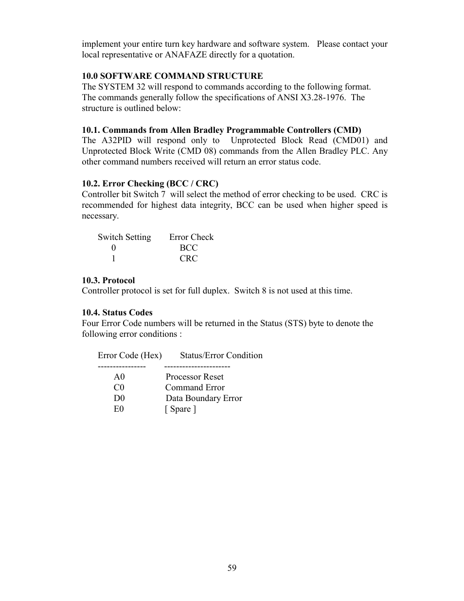0 software command structure, Error checking (bcc / crc), Protocol | Status codes | Watlow Electric Revision 5 User Manual | Page 64 / 71