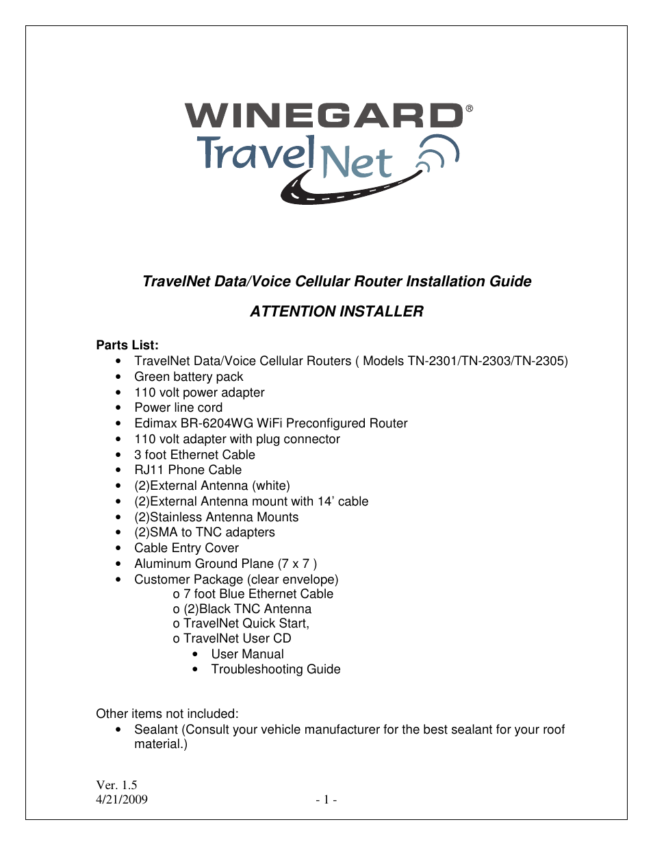 Winegard TRAVELNET TN-2303 User Manual | 18 pages