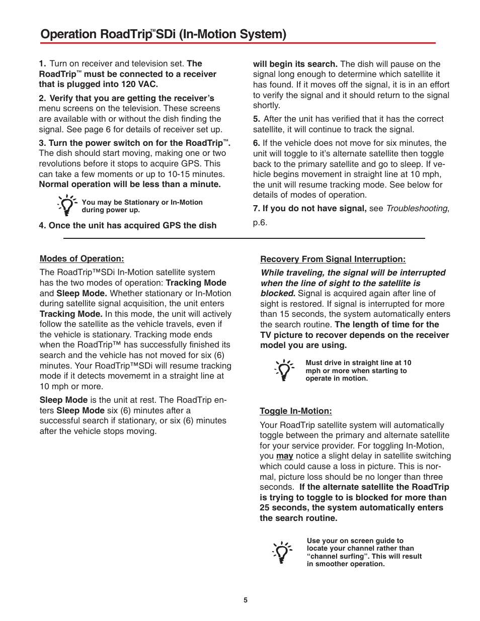 Operation roadtrip sdi (in-motion system) | Winegard RoadTrip SD User Manual | Page 5 / 12