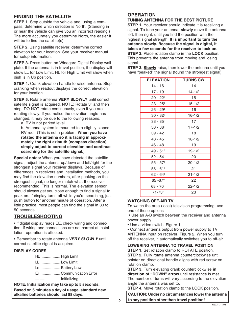 Finding the satellite, Troubleshooting, Operation | Winegard RM-DM61/DM55 User Manual | Page 2 / 16