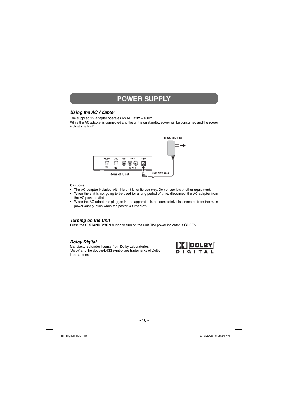 Power supply | Winegard RC-DT09 User Manual | Page 10 / 19