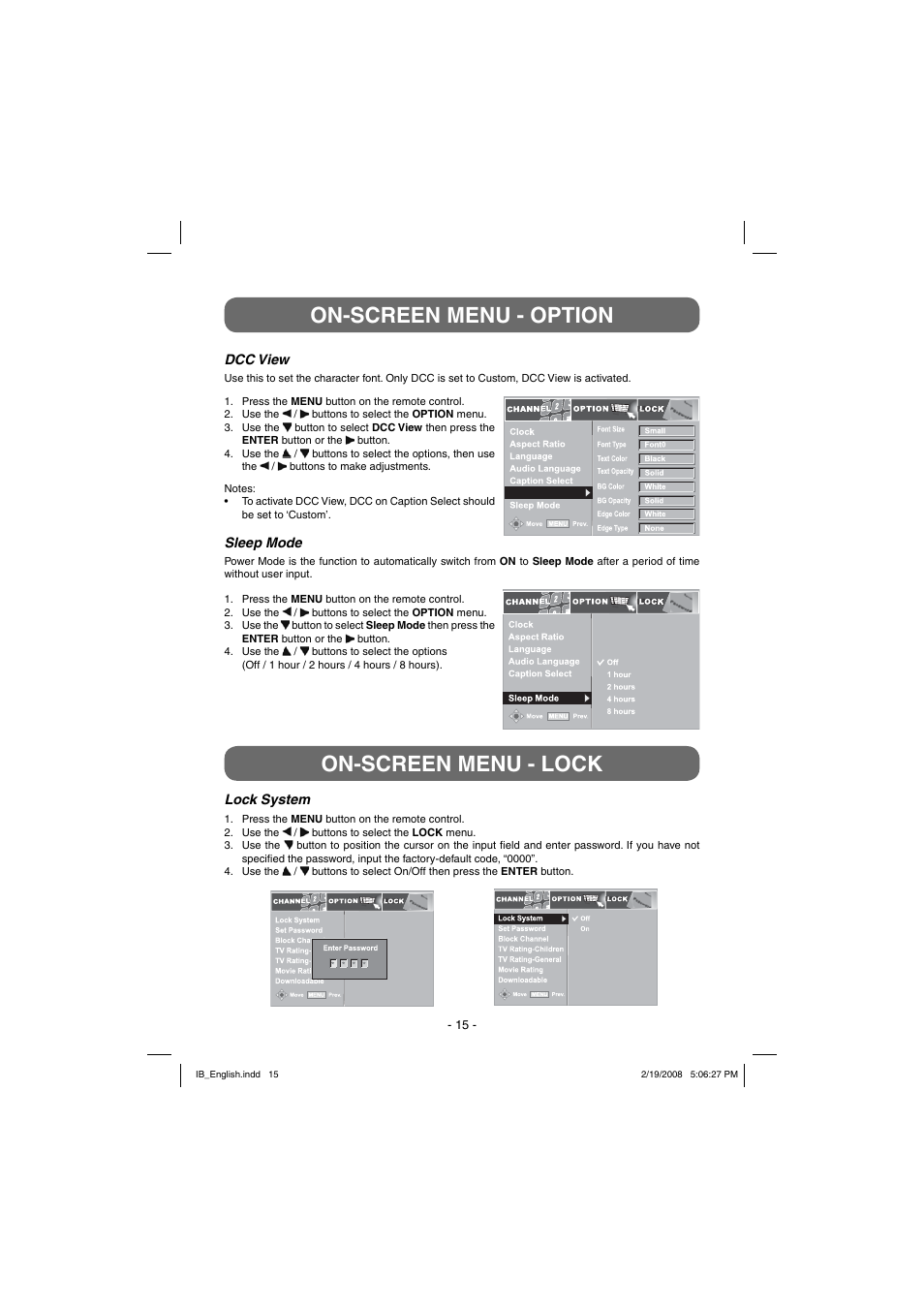 On-screen menu - option, On-screen menu - lock | Winegard RC-DT09 User Manual | Page 15 / 19