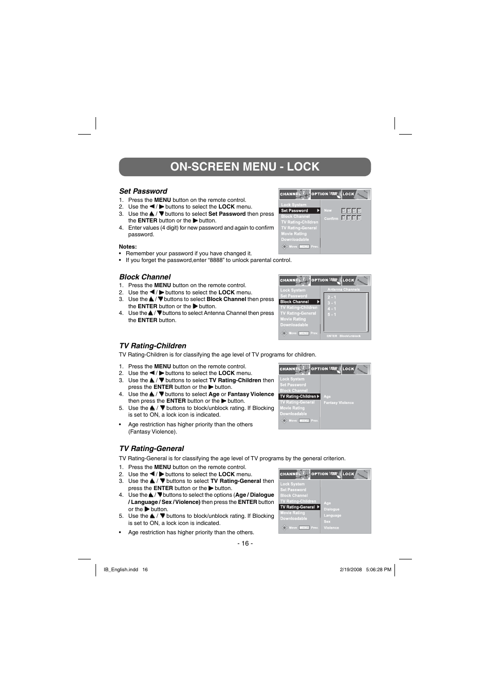 On-screen menu - lock | Winegard RC-DT09 User Manual | Page 16 / 19