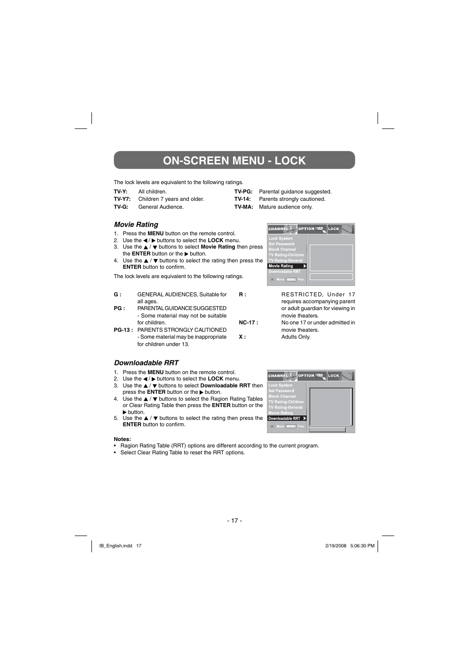 On-screen menu - lock | Winegard RC-DT09 User Manual | Page 17 / 19