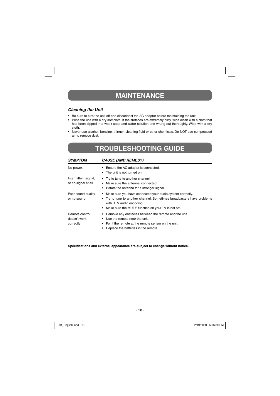 Troubleshooting guide maintenance | Winegard RC-DT09 User Manual | Page 18 / 19