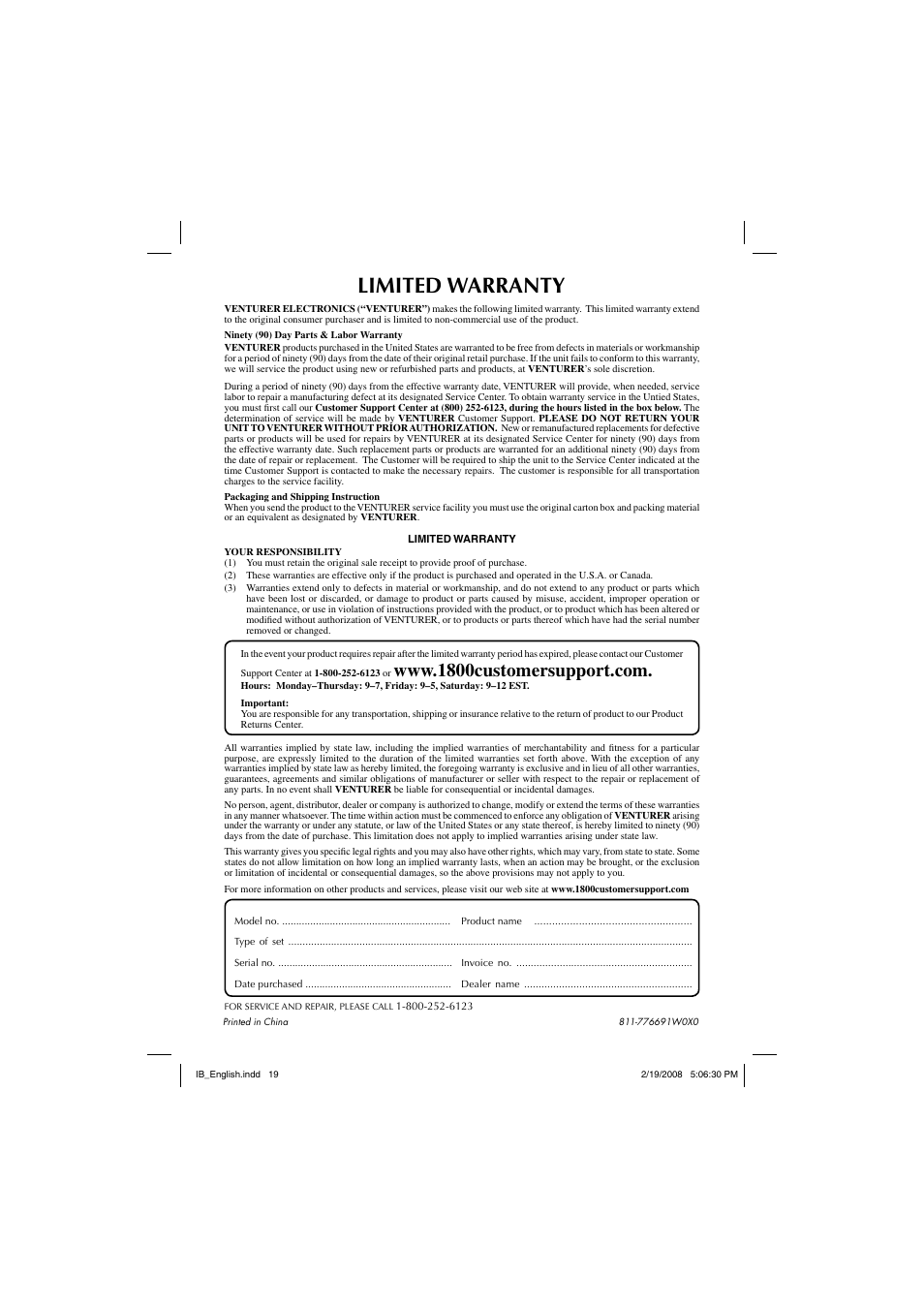 Limited warranty | Winegard RC-DT09 User Manual | Page 19 / 19