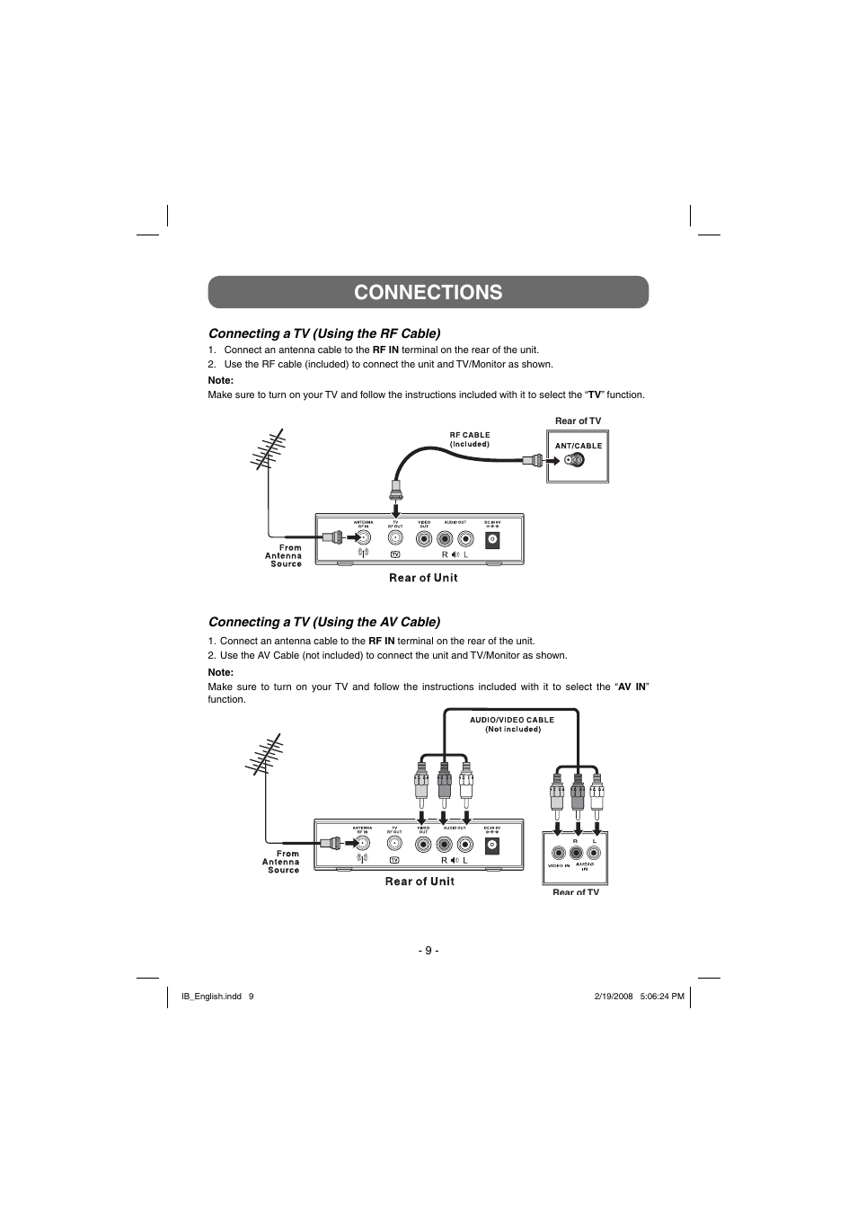 Connections, Connecting a tv (using the rf cable), Connecting a tv (using the av cable) | Winegard RC-DT09 User Manual | Page 9 / 19