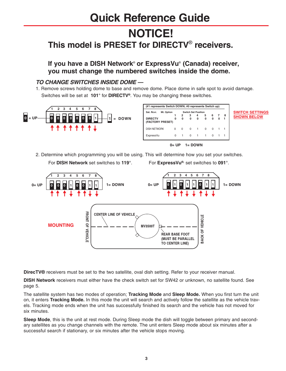 Notice, Quick reference guide, This model is preset for directv | Receivers, If you have a dish network, Or expressvu | Winegard MV3500T User Manual | Page 3 / 8