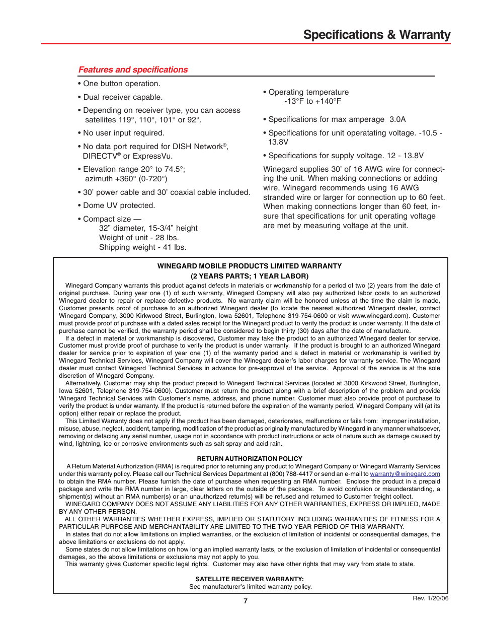Specifications & warranty, Features and specifications | Winegard MV3500T User Manual | Page 7 / 8