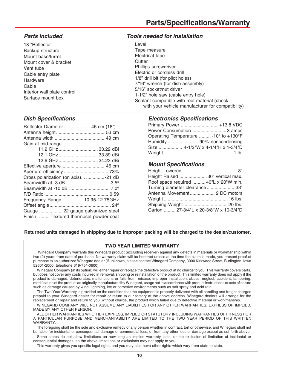 Parts/specifications/warranty, Electronics specifications, Mount specifications | Dish specifications, Parts included, Tools needed for installation | Winegard AS-2003 User Manual | Page 10 / 24