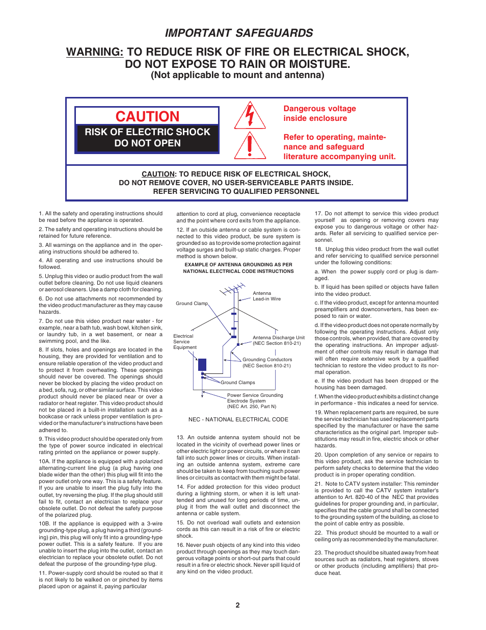 Caution, Important safeguards, Not applicable to mount and antenna) | Risk of electric shock do not open | Winegard AS-2003 User Manual | Page 2 / 24