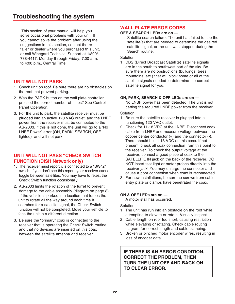 Troubleshooting the system | Winegard AS-2003 User Manual | Page 22 / 24