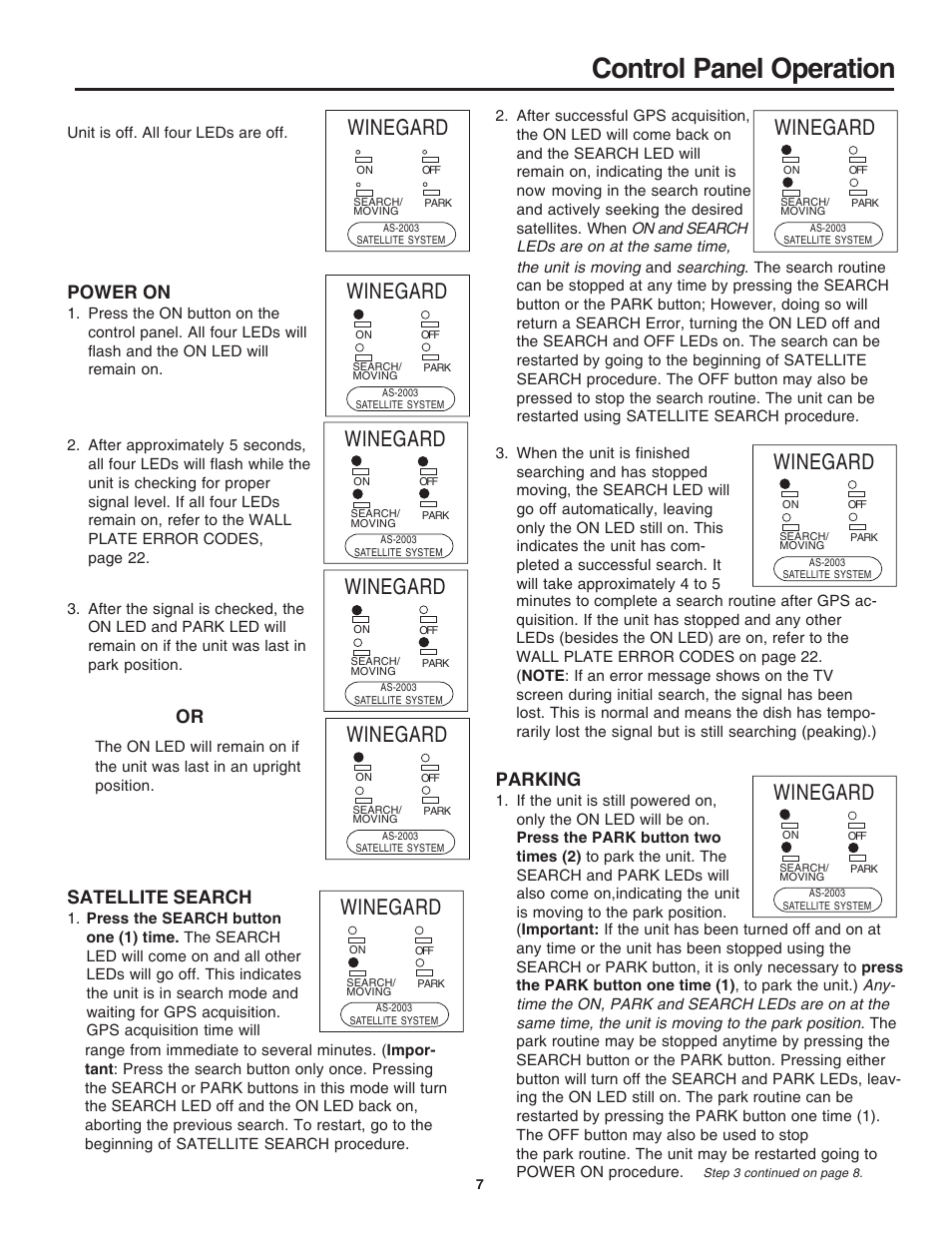 Control panel operation, Winegard, Power on | Satellite search, Parking | Winegard AS-2003 User Manual | Page 7 / 24