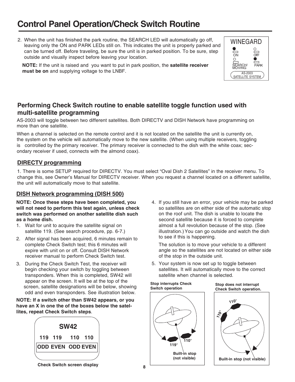 Control panel operation/check switch routine, Sw42, Winegard | Winegard AS-2003 User Manual | Page 8 / 24