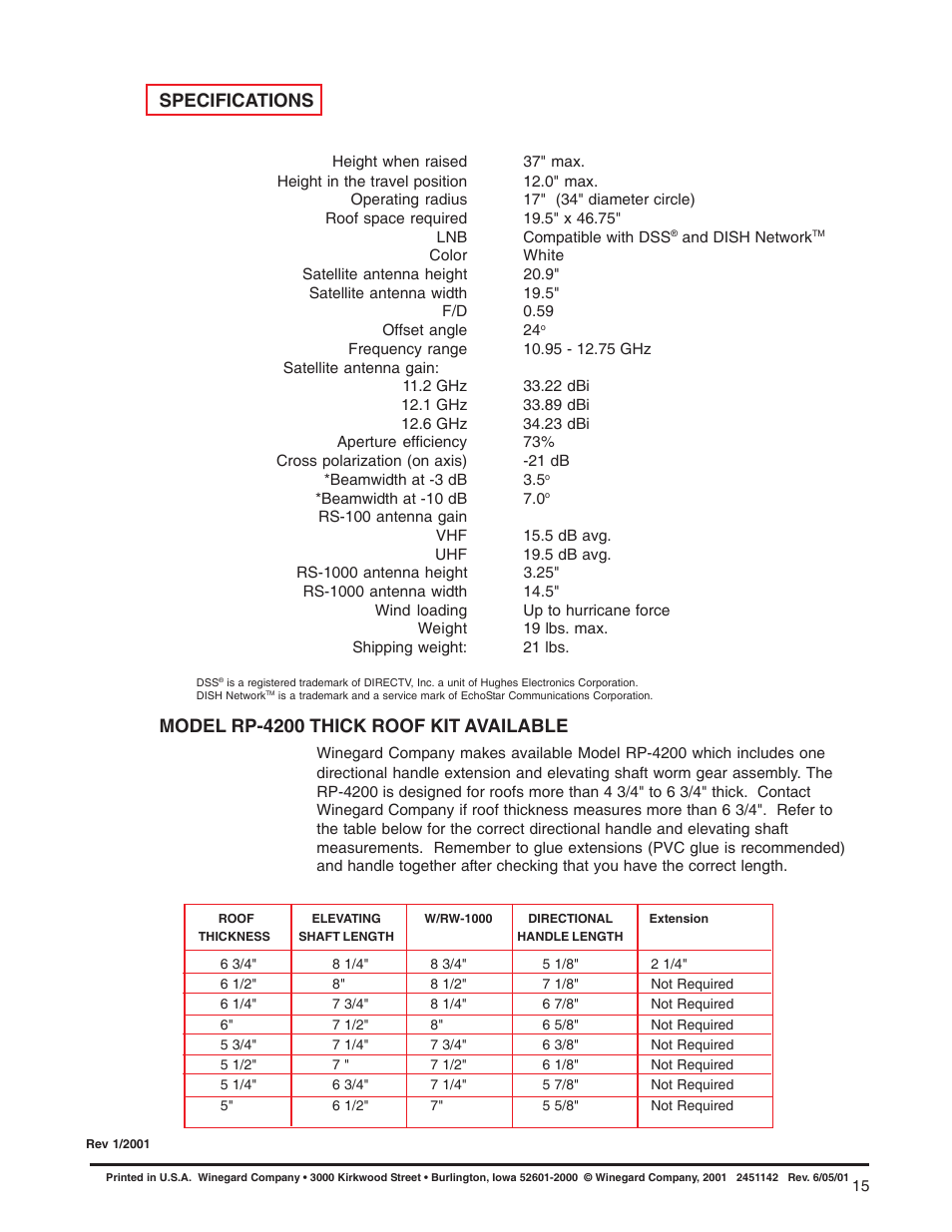 Specifications, Model rp-4200 thick roof kit available | Winegard RD-4610 User Manual | Page 15 / 16