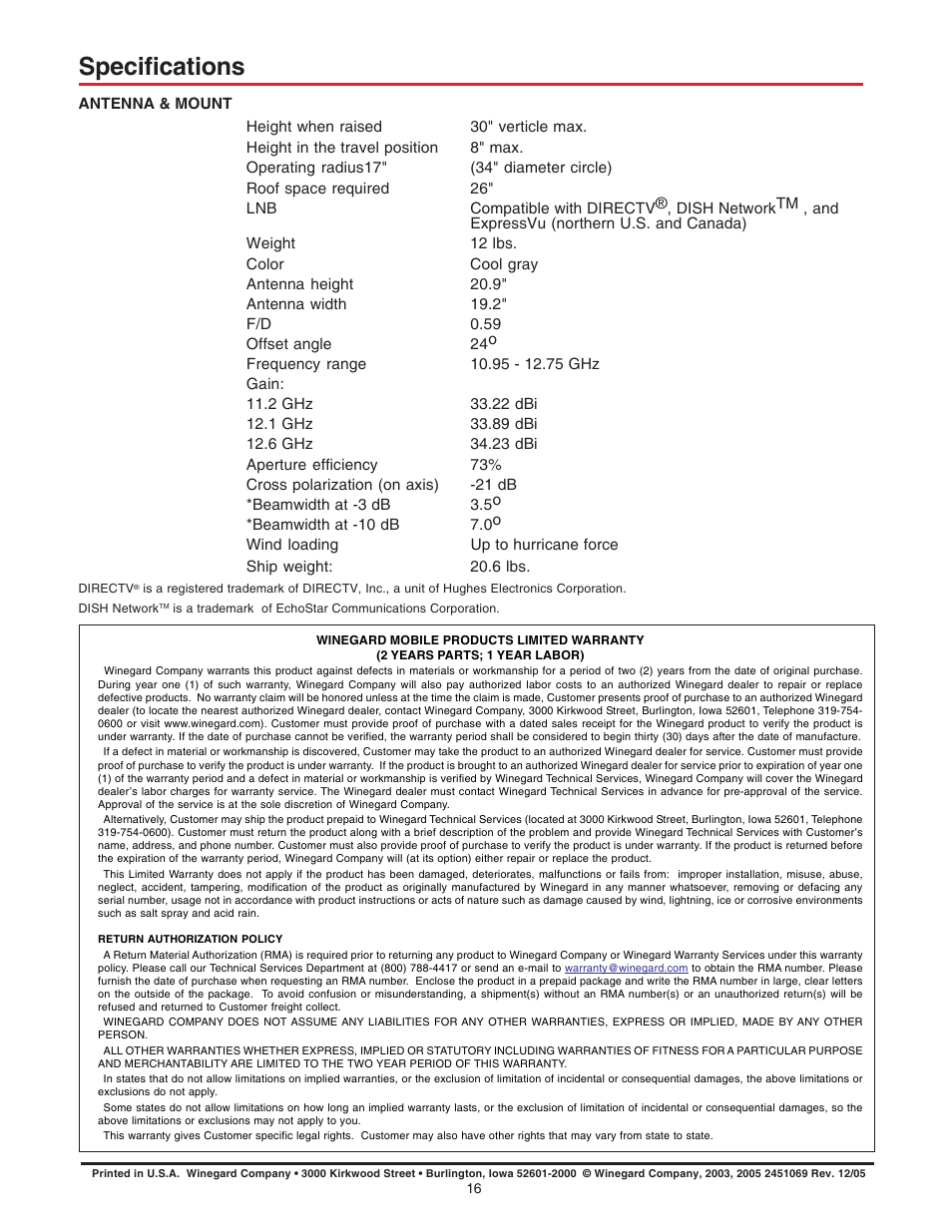 Specifications | Winegard RM-DM00 User Manual | Page 16 / 19