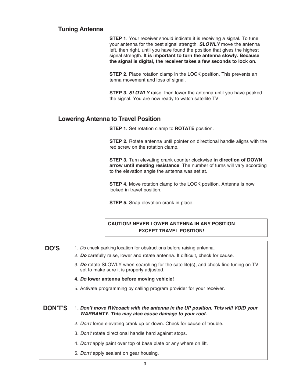 Tuning antenna, Lowering antenna to travel position, Do’s | Don’t’s | Winegard RM-DM00 User Manual | Page 3 / 19