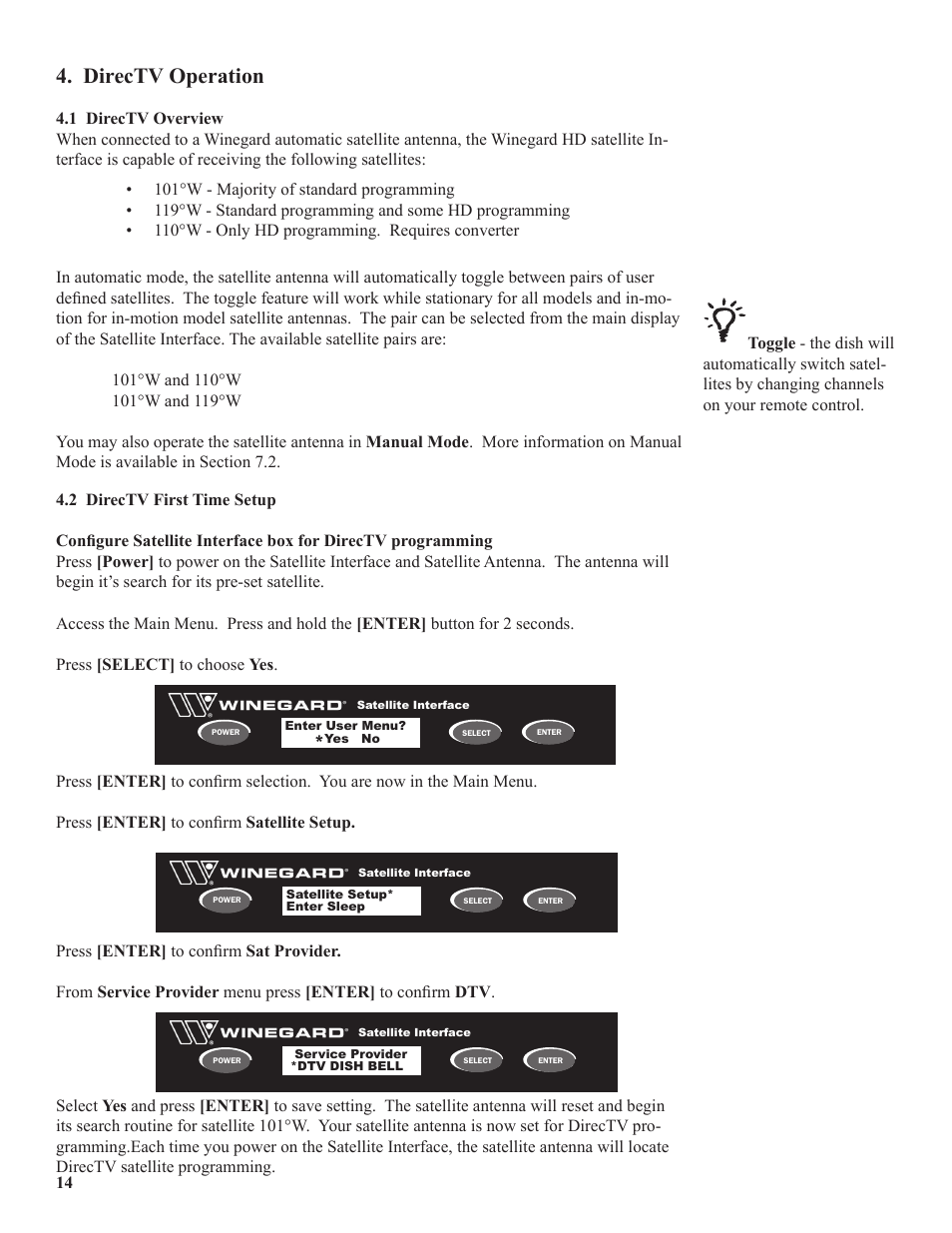 Directv operation | Winegard WB-2000 User Manual | Page 16 / 39