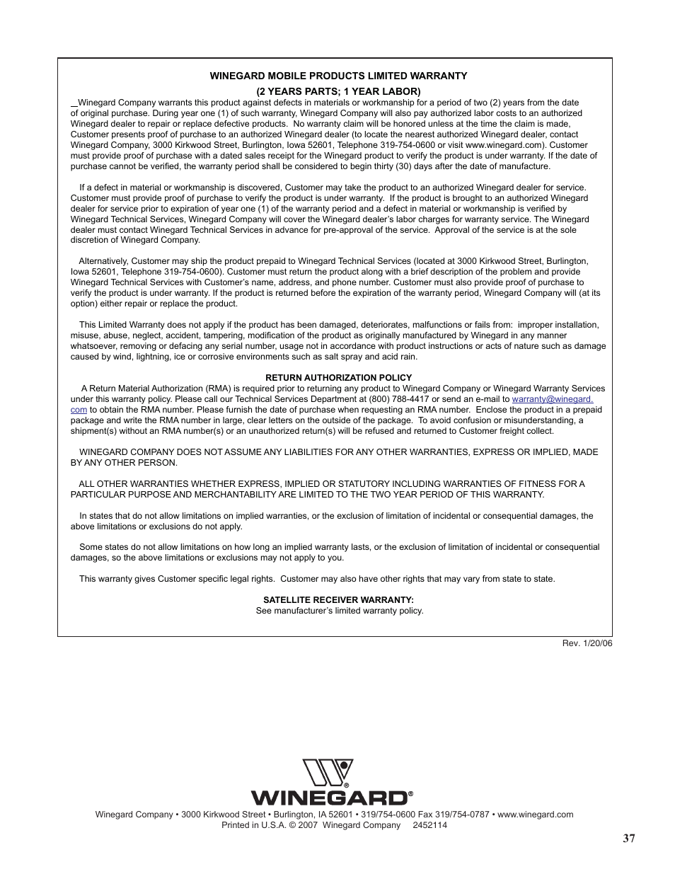 Winegard WB-2000 User Manual | Page 39 / 39