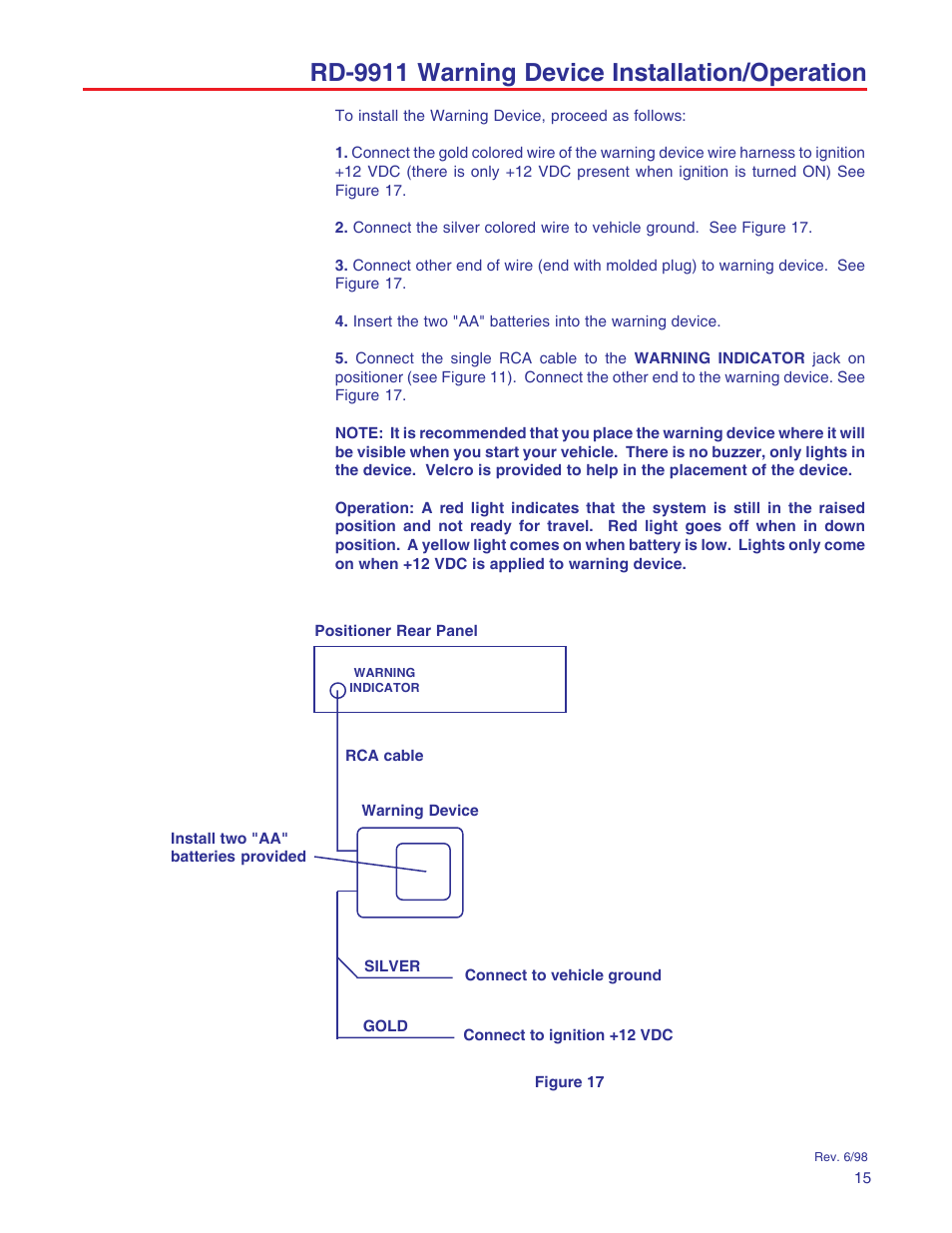 Rd-9911 warning device installation/operation | Winegard RD-9946 User Manual | Page 15 / 77