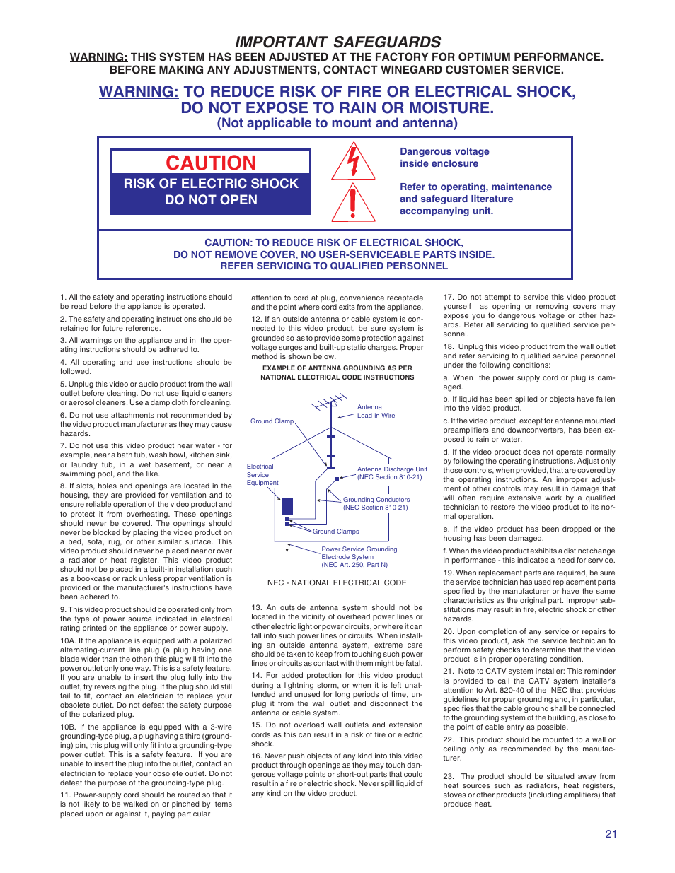Caution, Important safeguards, Not applicable to mount and antenna) | Risk of electric shock do not open | Winegard RD-9946 User Manual | Page 21 / 77