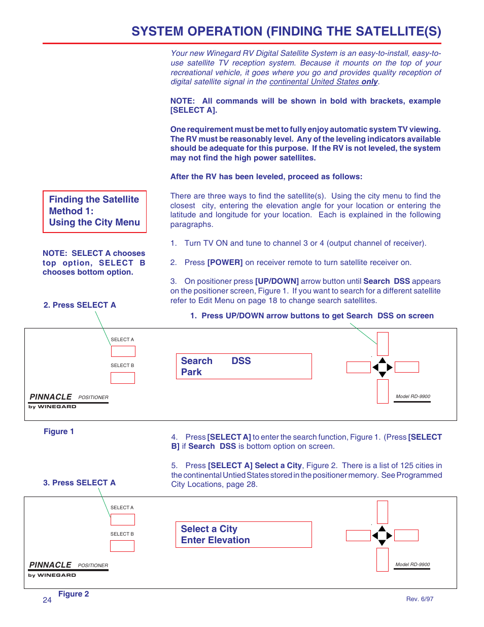 System operation (finding the satellite(s), Search dss park select a city enter elevation | Winegard RD-9946 User Manual | Page 24 / 77