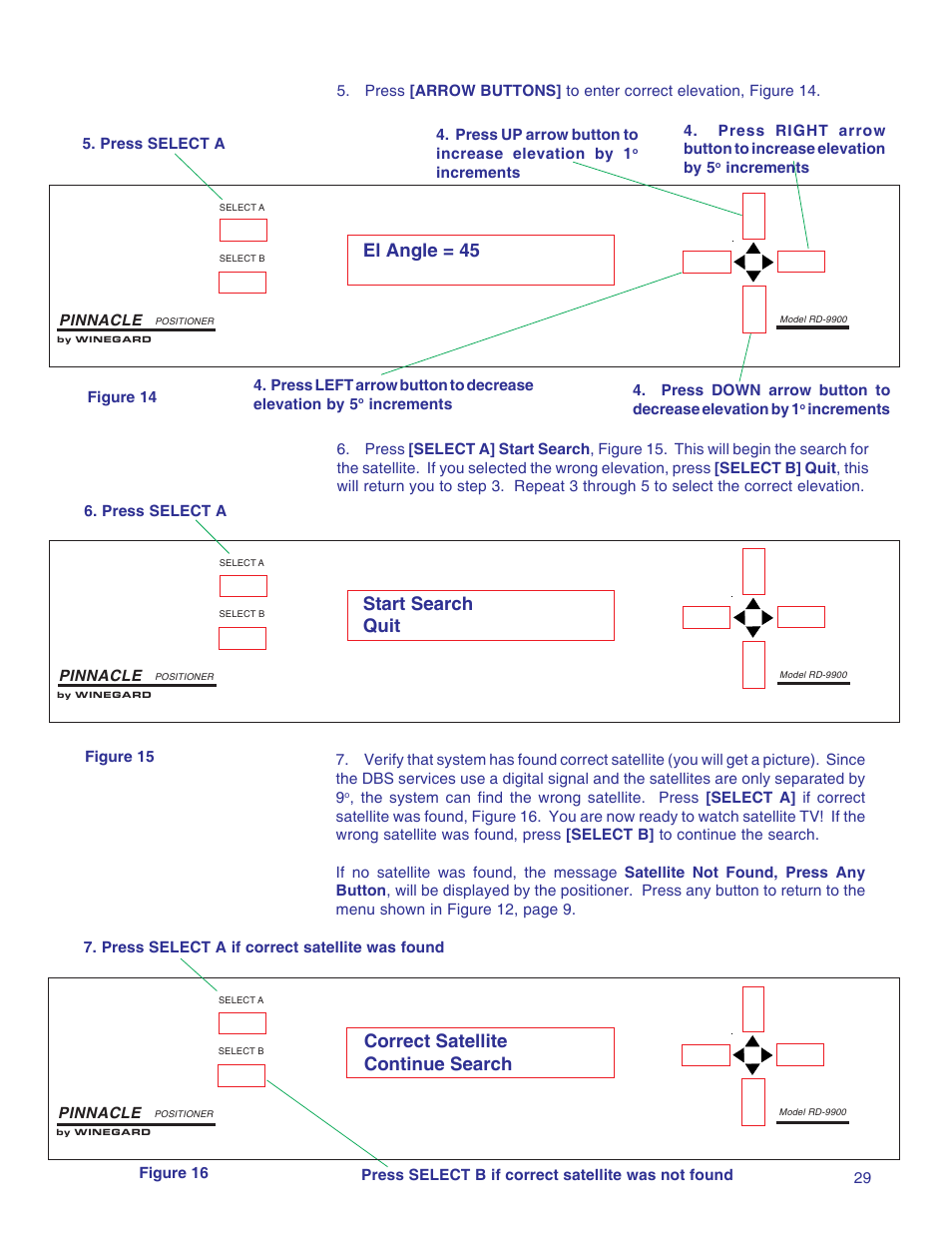 El angle = 45, Start search quit, Correct satellite continue search | Winegard RD-9946 User Manual | Page 29 / 77