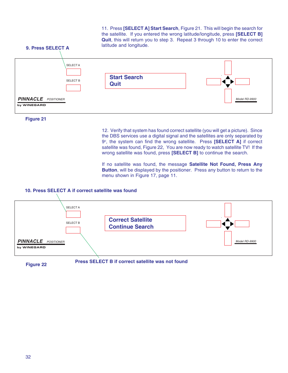 Start search quit, Correct satellite continue search | Winegard RD-9946 User Manual | Page 32 / 77