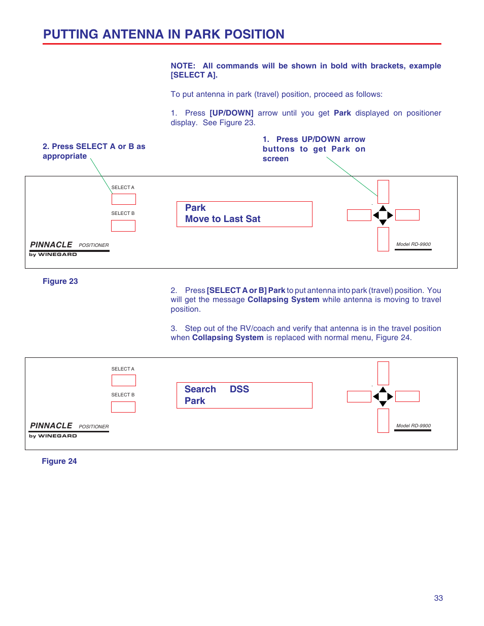 Putting antenna in park position, Park move to last sat search dss park | Winegard RD-9946 User Manual | Page 33 / 77