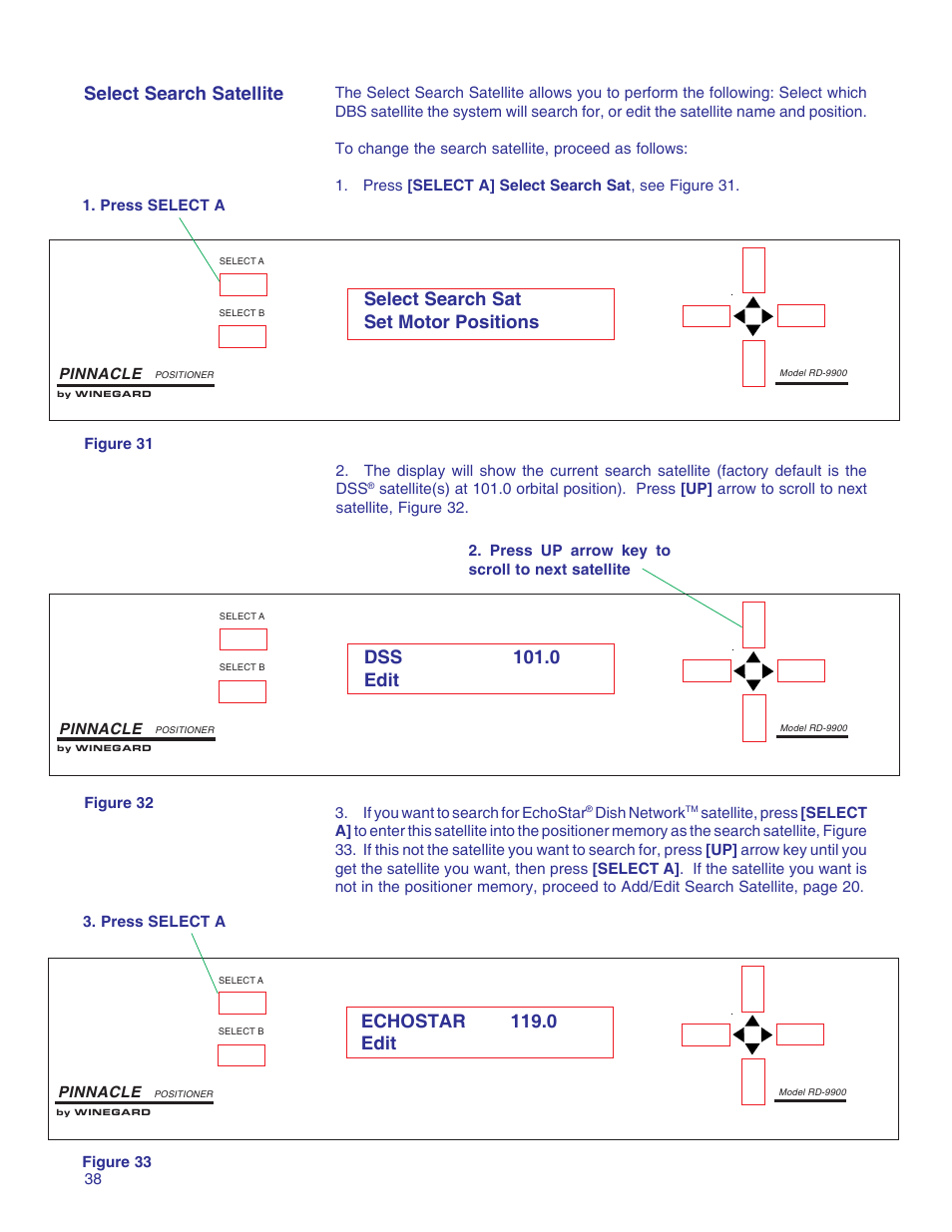 Dss 101.0 edit select search satellite, Select search sat set motor positions, Echostar 119.0 edit | Winegard RD-9946 User Manual | Page 38 / 77