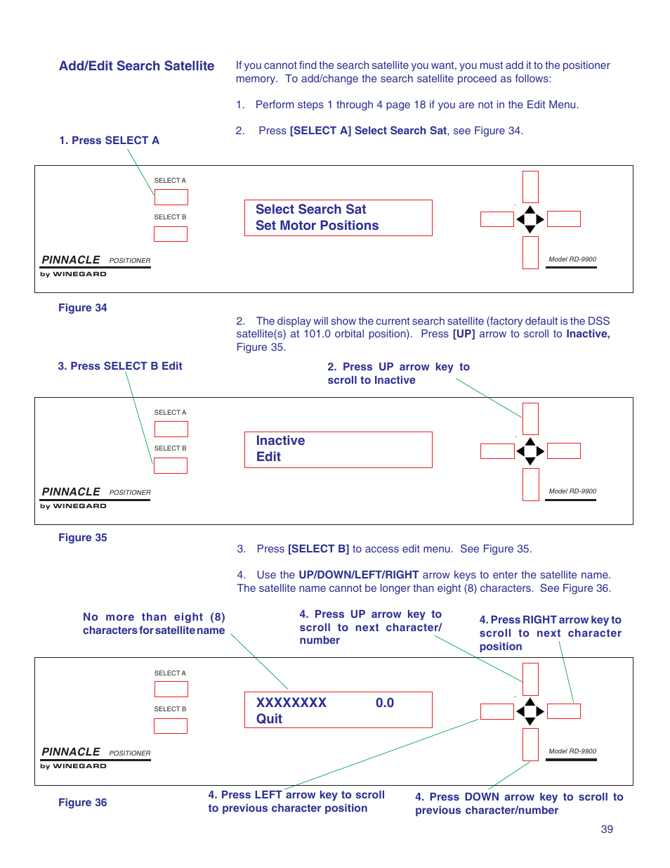 Add/edit search satellite, Select search sat set motor positions, Inactive edit | Winegard RD-9946 User Manual | Page 39 / 77