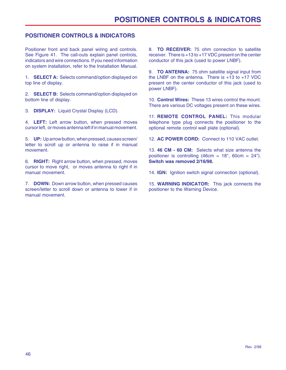 Positioner controls & indicators | Winegard RD-9946 User Manual | Page 46 / 77