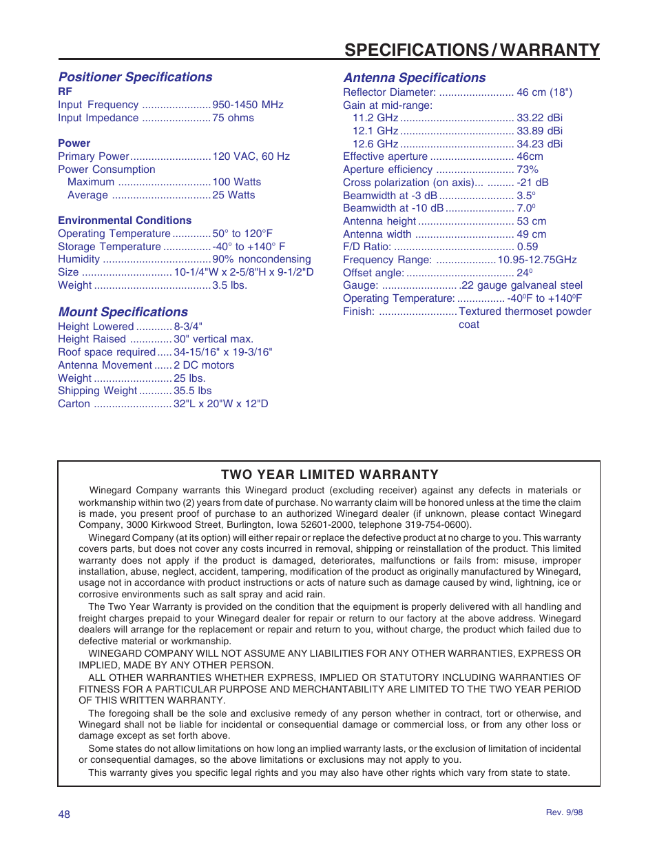 Specifications / warranty, Positioner specifications, Mount specifications | Antenna specifications, Two year limited warranty | Winegard RD-9946 User Manual | Page 48 / 77