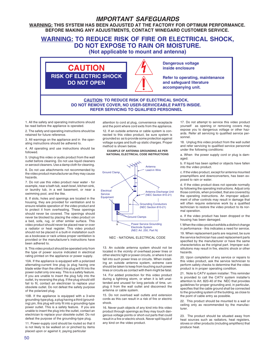 Caution, Important safeguards, Not applicable to mount and antenna) | Risk of electric shock do not open | Winegard RD-9946 User Manual | Page 50 / 77