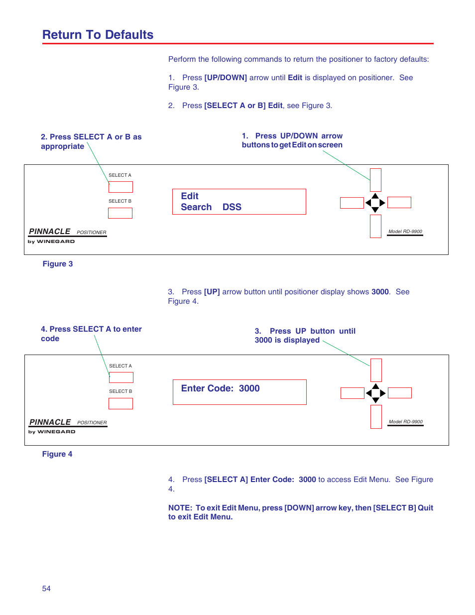 Return to defaults, Edit search dss, Enter code: 3000 | Winegard RD-9946 User Manual | Page 54 / 77