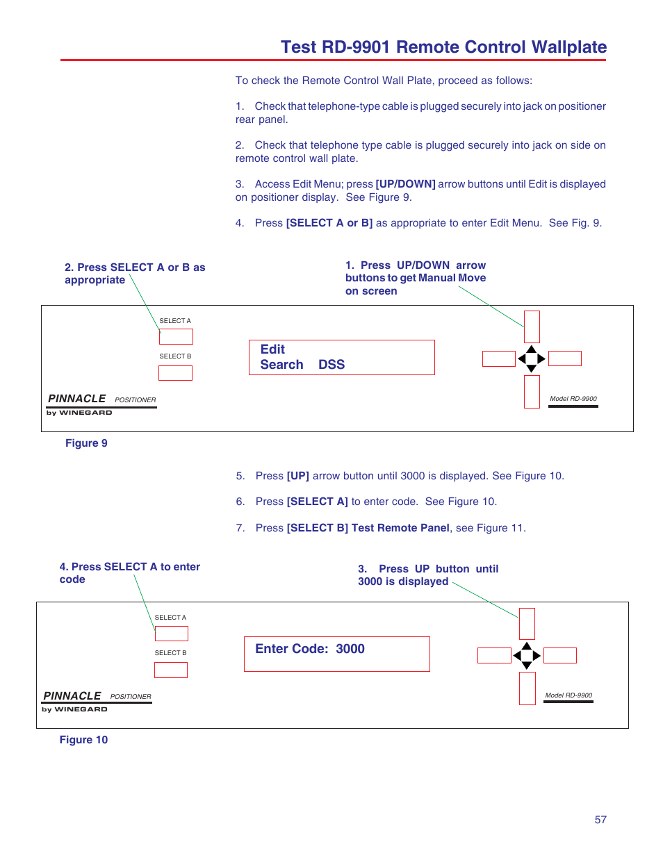 Test rd-9901 remote control wallplate, Edit search dss, Enter code: 3000 | Winegard RD-9946 User Manual | Page 57 / 77