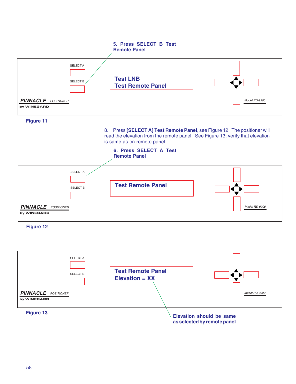 Test lnb test remote panel, Test remote panel, Test remote panel elevation = xx | Winegard RD-9946 User Manual | Page 58 / 77