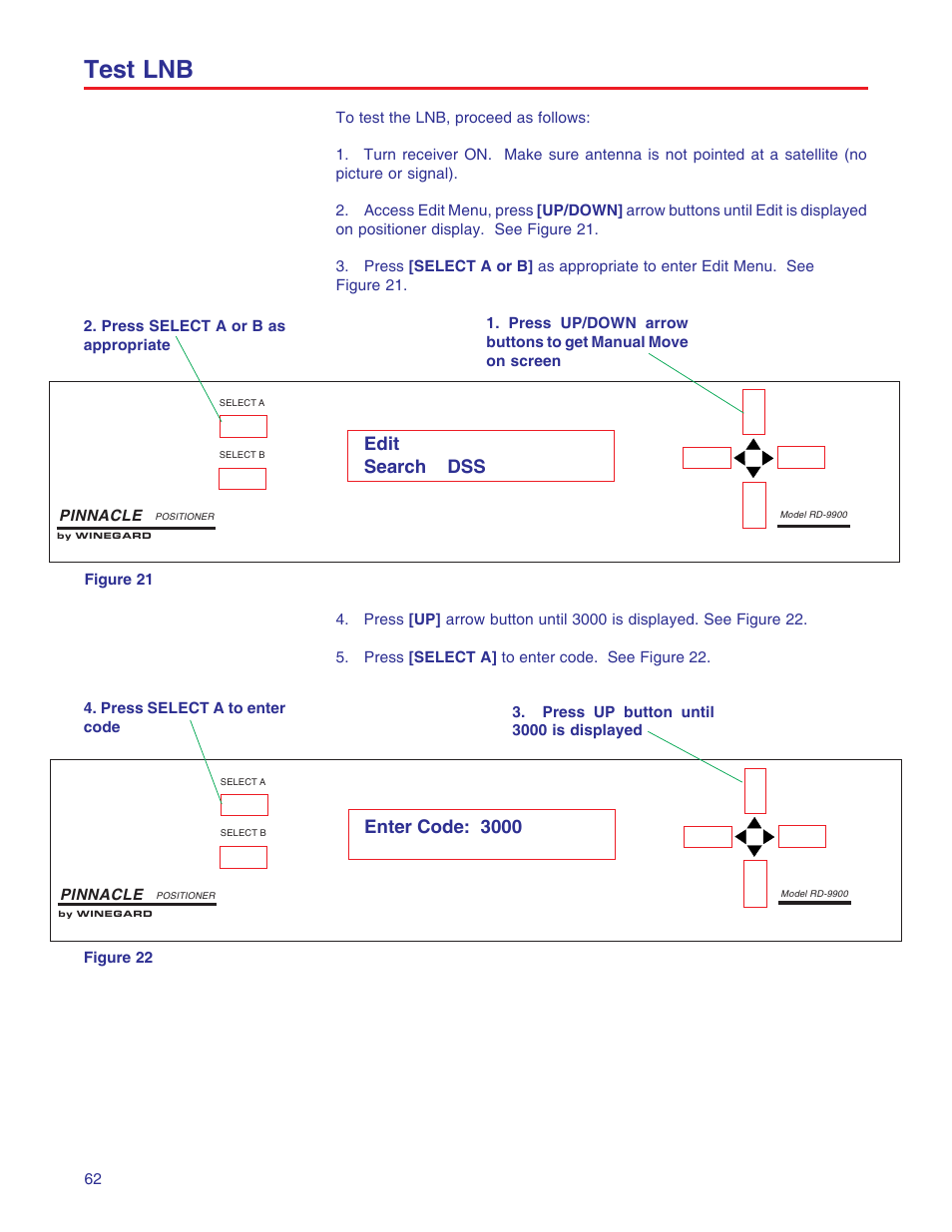 Test lnb, Edit search dss, Enter code: 3000 | Winegard RD-9946 User Manual | Page 62 / 77