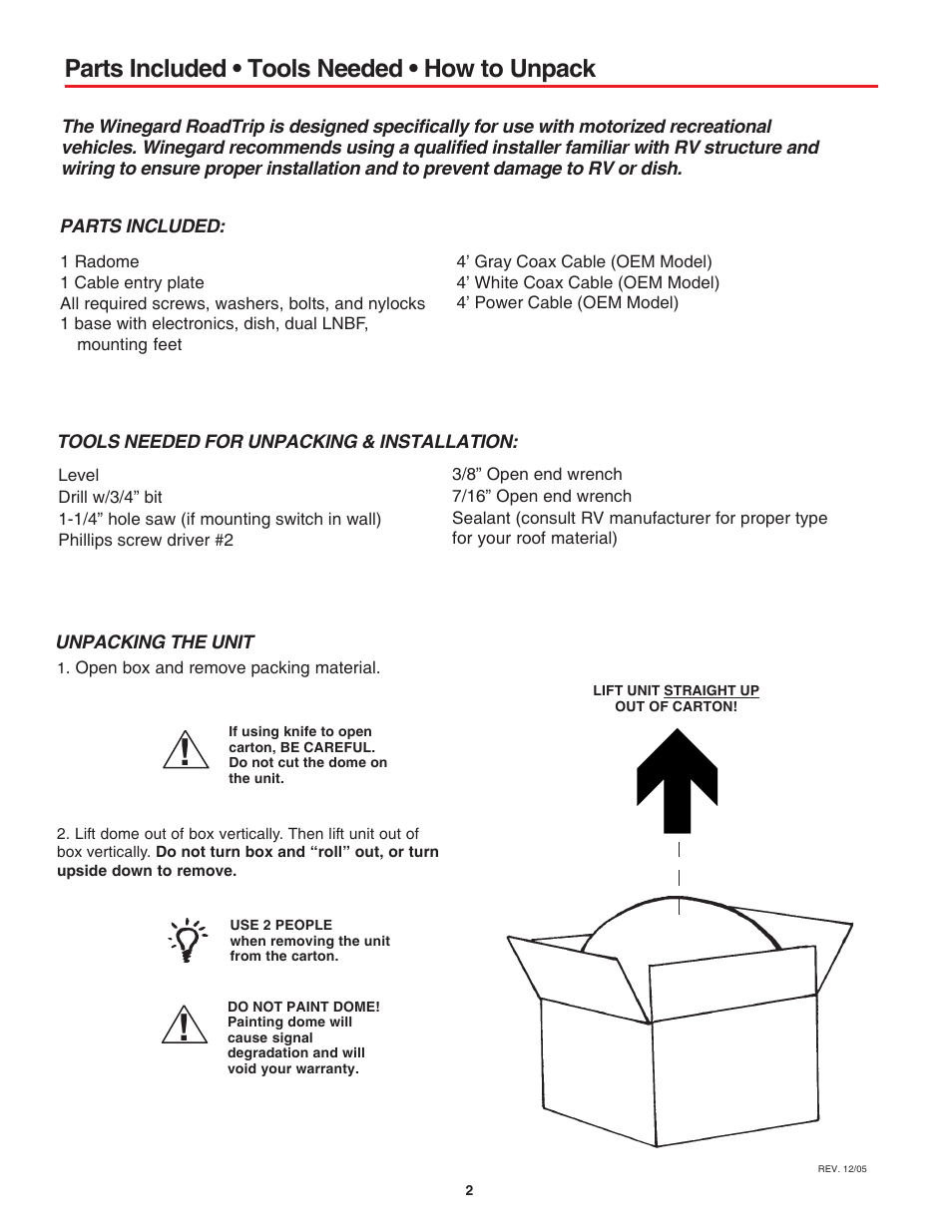 Parts included • tools needed • how to unpack | Winegard SD User Manual | Page 2 / 8