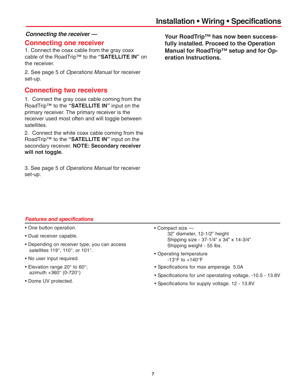 Installation • wiring • specifications, Connecting two receivers, Connecting one receiver | Winegard SD User Manual | Page 7 / 8