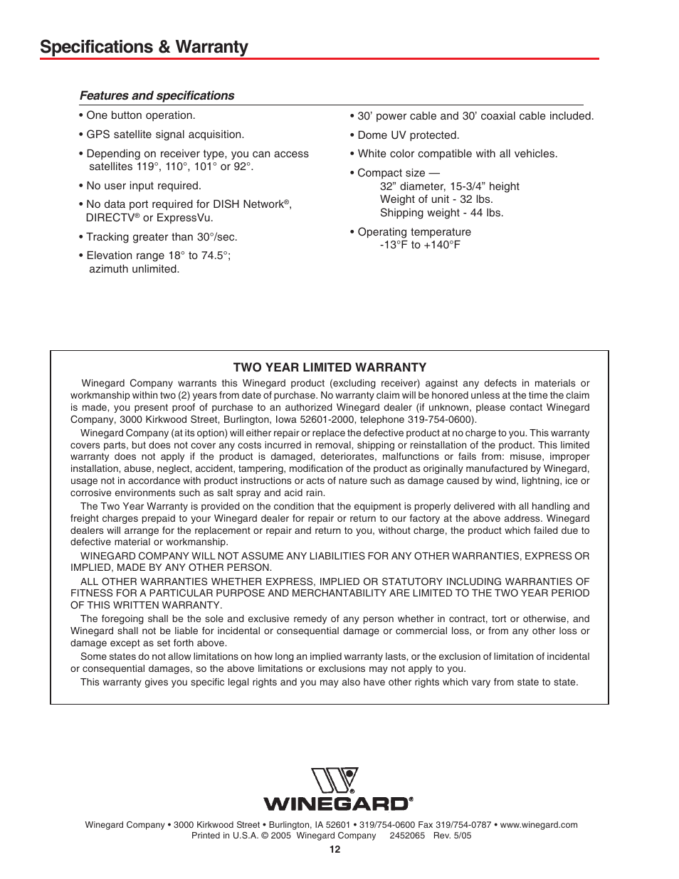 Specifications & warranty | Winegard MV-4000 User Manual | Page 12 / 12