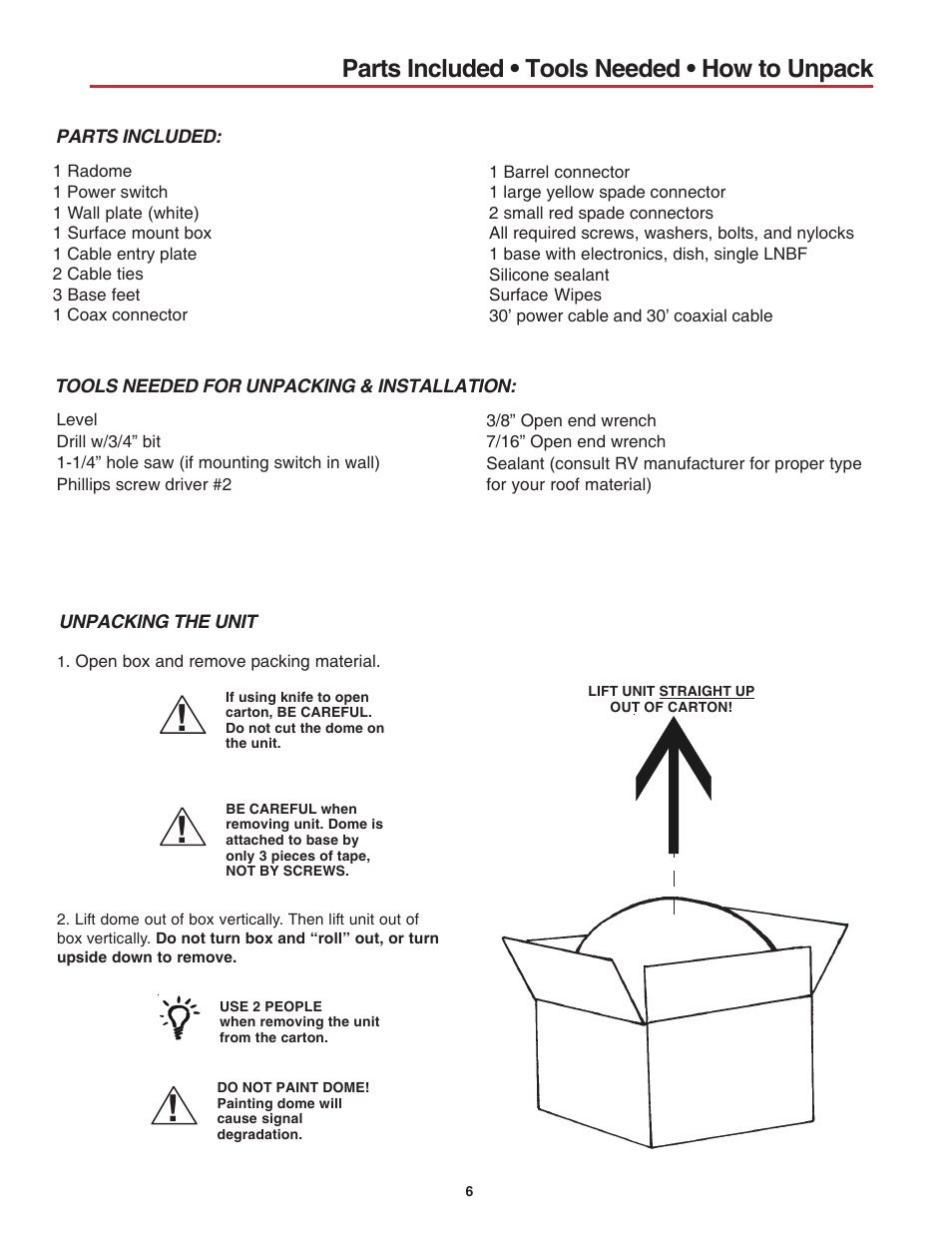 Parts included • tools needed • how to unpack | Winegard MV-4000 User Manual | Page 6 / 12