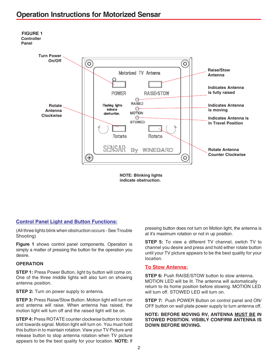 Operation instructions for motorized sensar | Winegard MA1000W User Manual | Page 2 / 5