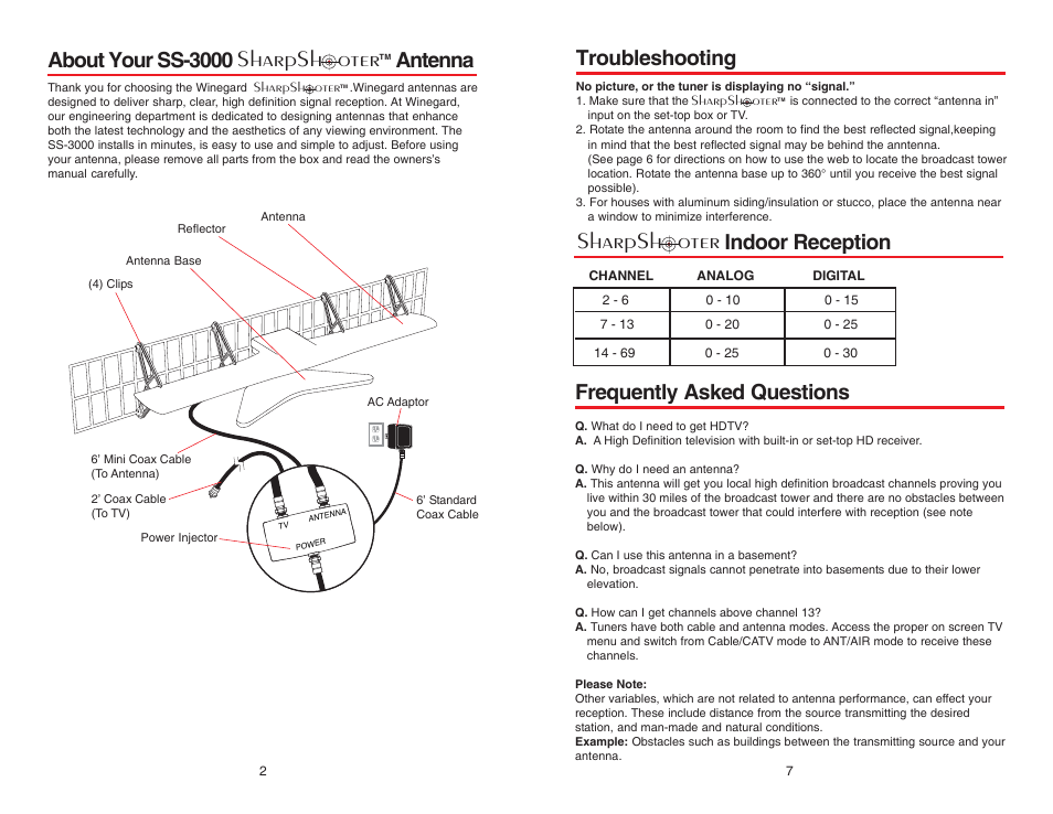 Sharpsh oter, About your ss-3000 antenna, Troubleshooting | Frequently asked questions, Indoor reception | Winegard SharpShooter SS-3000 User Manual | Page 2 / 4