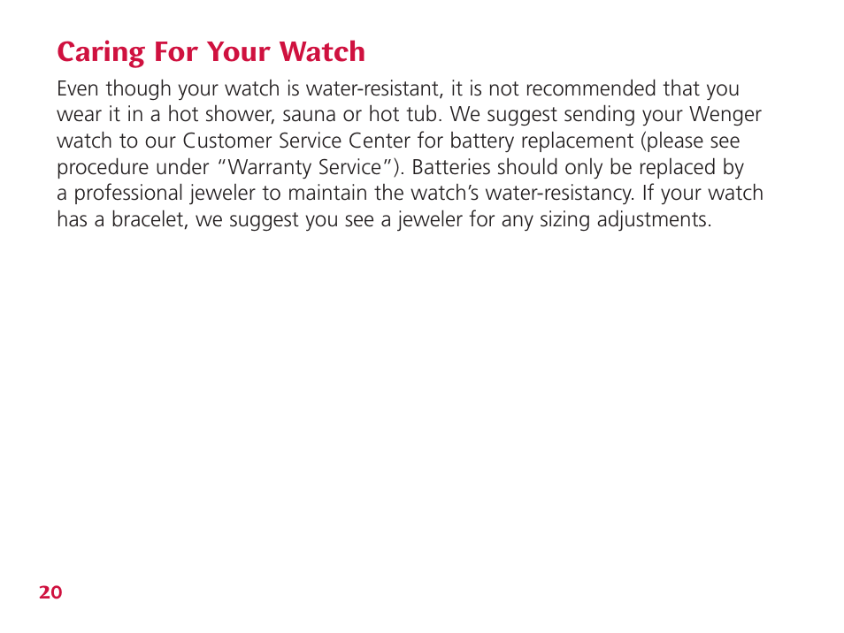 Caring for your watch | Wenger Nomad User Manual | Page 21 / 26